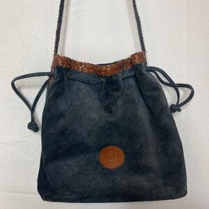 VTG Phillippe Suede Leather Bucket Bag Crossbody Drawstring Navy Grey
